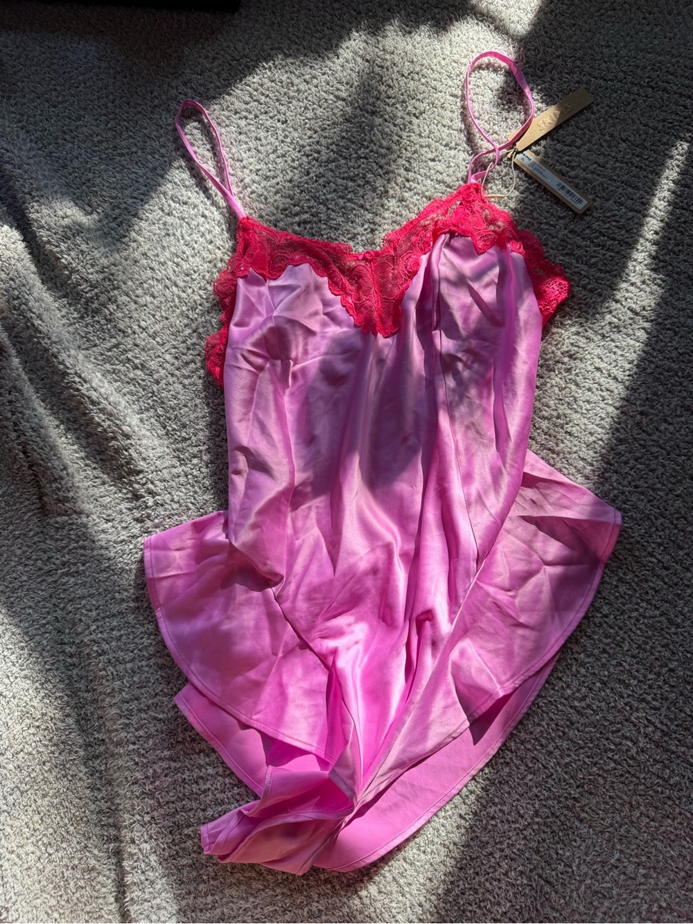 SKIMS Pink Satin Chemise with Hot Pink Lace Trim Orchid Medium
